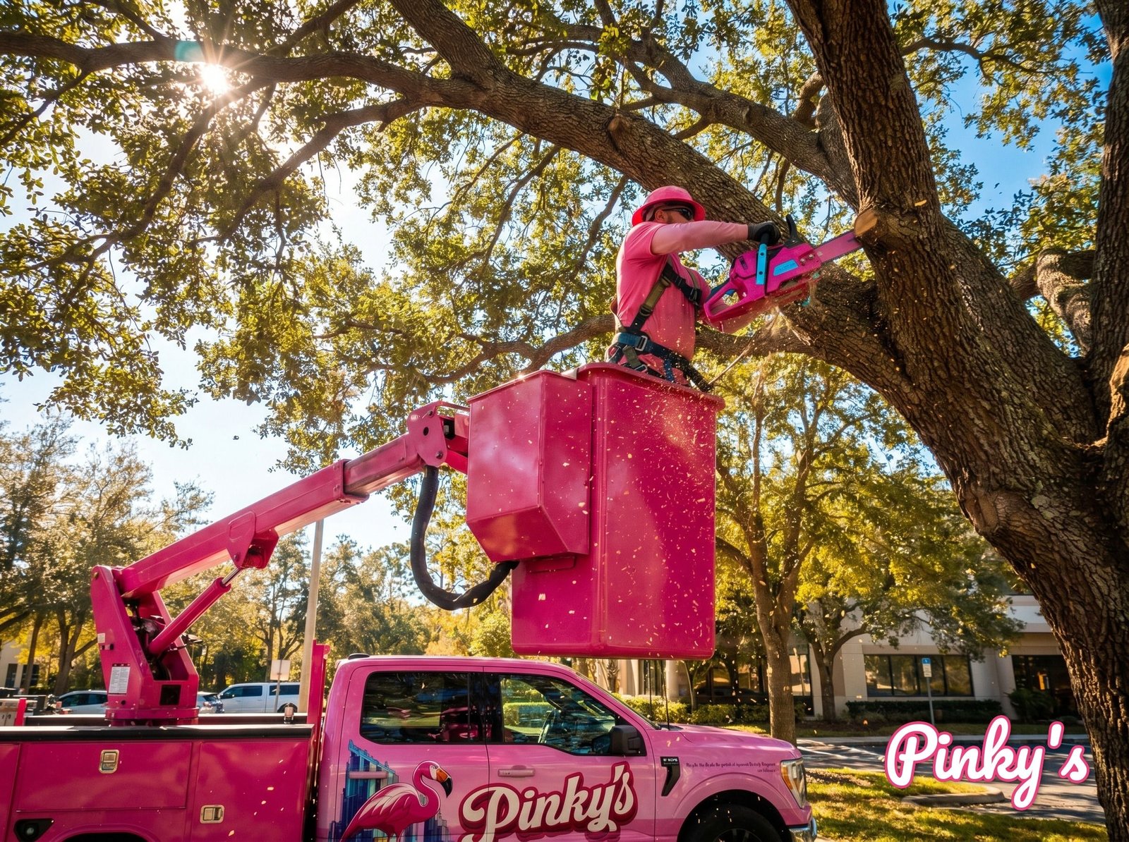 Pink Bucket Truck Tree Trimming — Sarasota FL