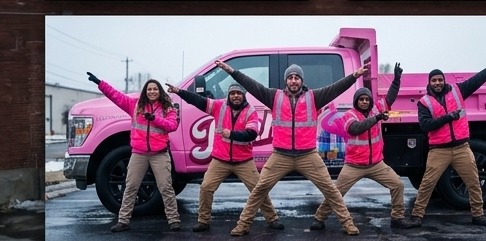 Pinky's Crew — Jake and the team with hands up in front of the pink dump truck